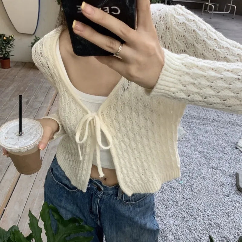 Hollow Out Lace Up V Neck Cardigan