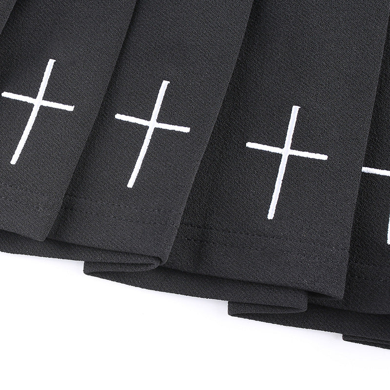 Cute Black Cross Print Goth Punk Pleated High Waisted Mini Skirt Bottom E-Girl Kawaii Korean Japanese Harajuku Retro Streetwear