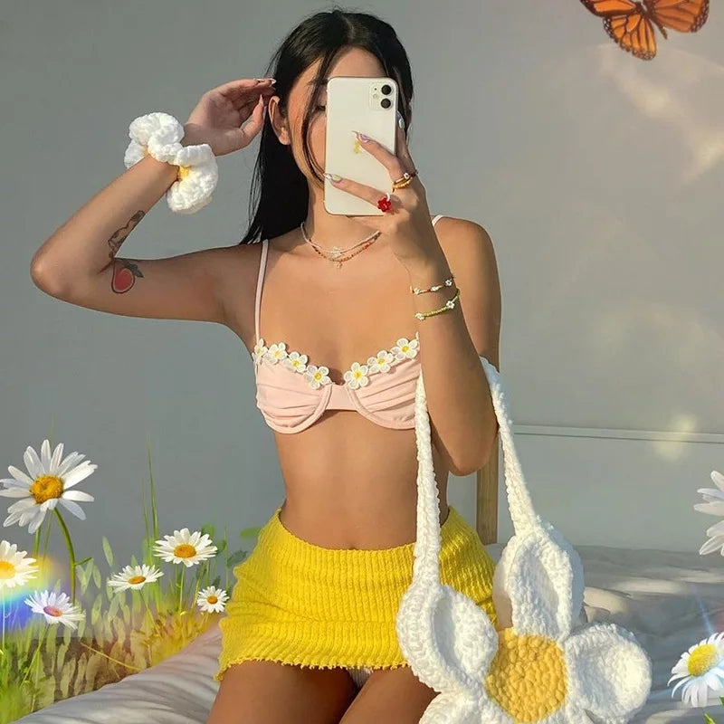 Cute Pink Floral Backless Vest Strapless Shirt Crop Top Corset Beach Boho Summer Aesthetic Casual E-Girl Kawaii Korean Japanese Harajuku