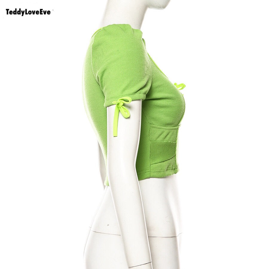 Cute Sexy Neon Green Ribbed Knit Bow Crop Top Short Sleeve Shirt Tee T-shirt E-Girl Kawaii Korean Japanese Harajuku Chinese Retro Streetwear Aesthetic