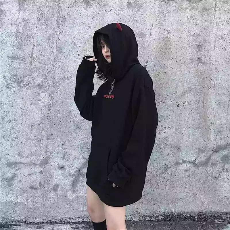 Cute Black Demon Wing Devil Horns Oversized Hoodie Long Sleeve Shirt Sweater Sweatshirt Punk Goth E-Girl Kawaii Korean Japanese Harajuku Streetwear