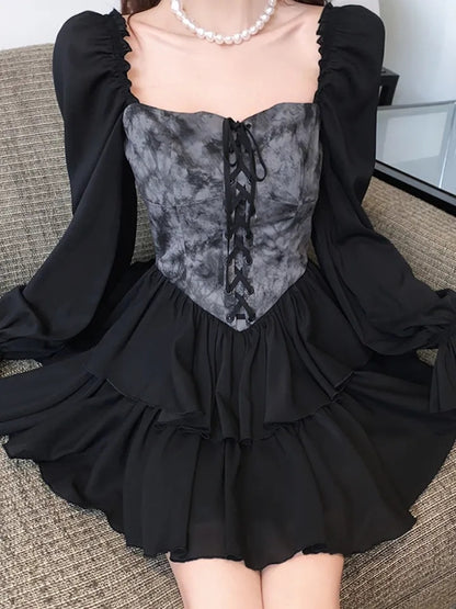 Black Floral Corset Long Sleeve Dress