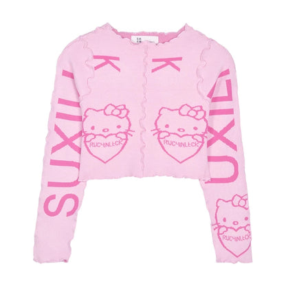Cute Pink Kitty Cat Knit Loose Frill Long Sleeve Shirt Sweater Pullover Cardigan Aesthetic Casual Summer E-Girl Kawaii Korean Japanese Harajuku