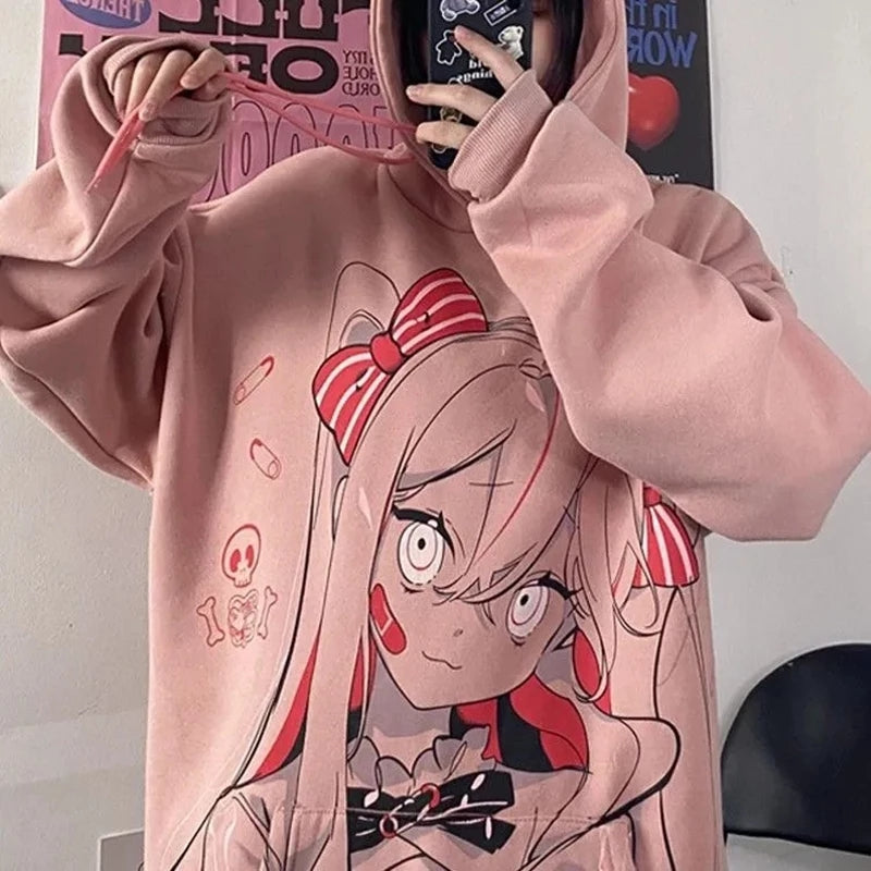 Cute Pink Anime Girl Cartoon Graphic Print Oversized Fleece Hoodie Sweatshirt Aesthetic Casual E-Girl Kawaii Korean Japanese Harajuku