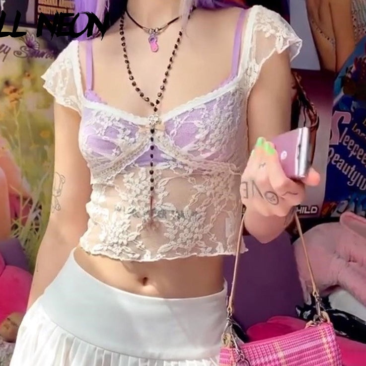 Cute Transparent Lace Mesh Sweet Crop Top Short Sleeve Shirt Tee T-shirt E-Girl Kawaii Korean Japanese Harajuku Chinese Retro Streetwear Aesthetic