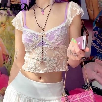 Cute Transparent Lace Mesh Sweet Crop Top Short Sleeve Shirt Tee T-shirt E-Girl Kawaii Korean Japanese Harajuku Chinese Retro Streetwear Aesthetic