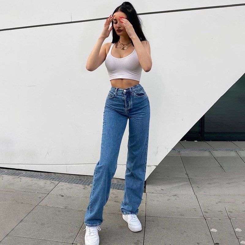 Cute 90s Buttery Print Casual Baggy Straight High Waist Mom Blue Denim Jean Bottom Pant Aesthetic E-Girl Kawaii Korean Japanese Harajuku Streetwear