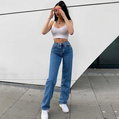 Cute 90s Buttery Print Casual Baggy Straight High Waist Mom Blue Denim Jean Bottom Pant Aesthetic E-Girl Kawaii Korean Japanese Harajuku Streetwear
