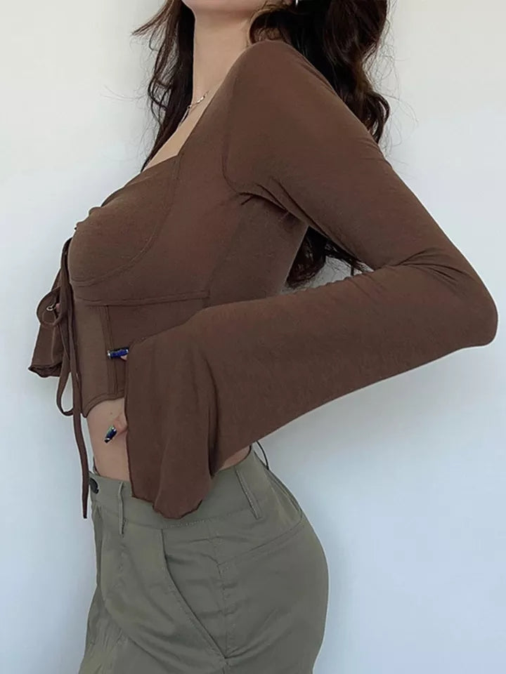 Brown Drawstring Long Sleeve Flare Crop Top