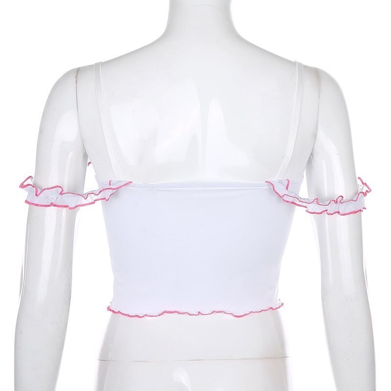 Cute Strawberry Milkmaid Patchwork Frill Ruched Mesh Crop Top Sleeveless Shirt Summer Aesthetic E-Girl Kawaii Korean Japanese Harajuku Streetwear