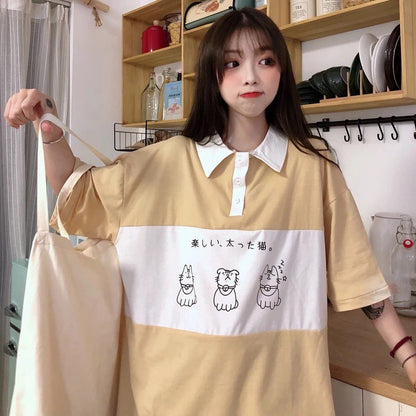 Cute Cat Dog Animal Print College Loose Baggy Short Sleeve Shirt T-shirt Top Summer Casual E-Girl Kawaii Korean Japanese Harajuku Streetwear