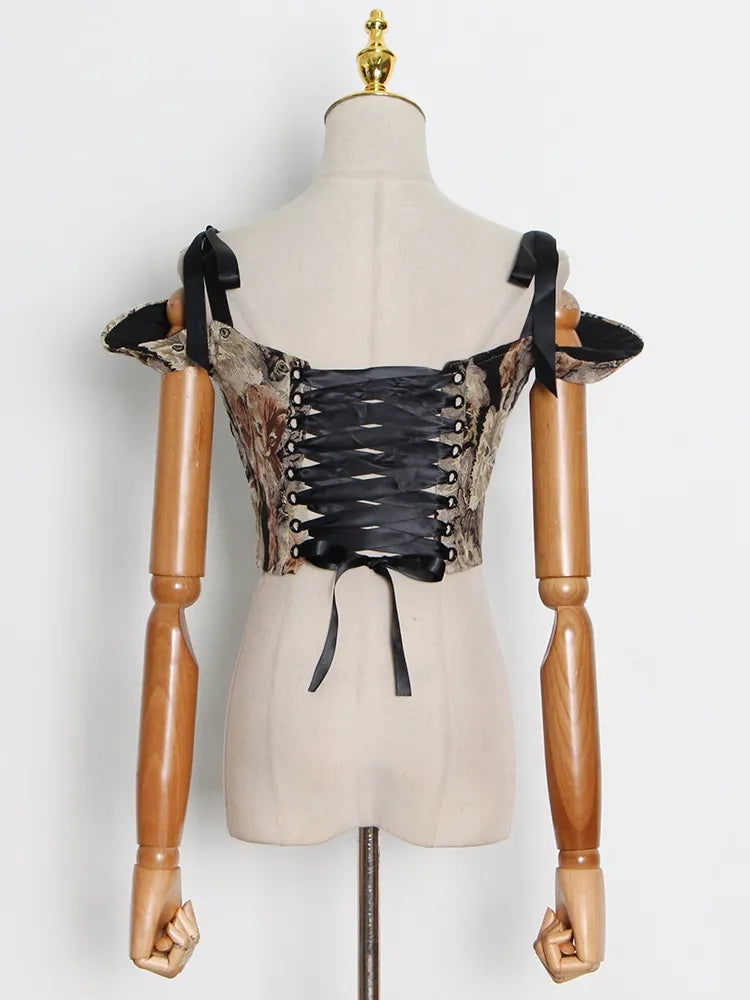 Cat Embroidery Lace Up Corset Top