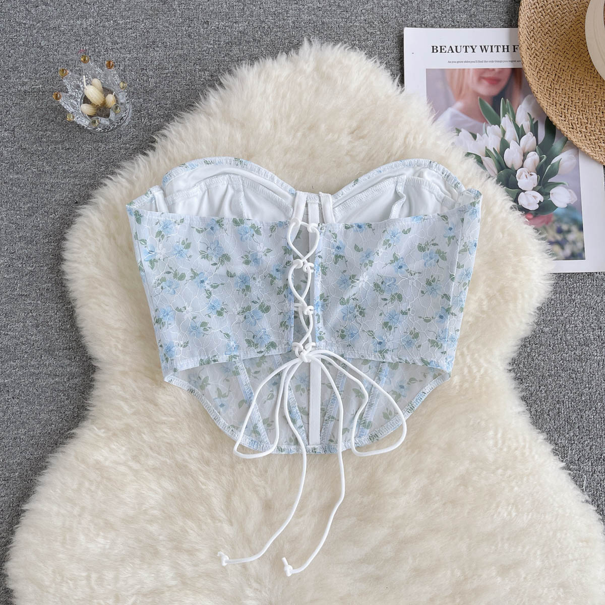 Blue Floral Lace Up Backless Corset Top