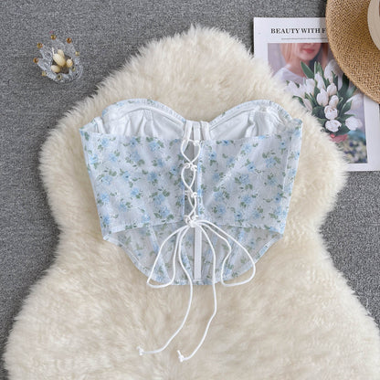 Blue Floral Lace Up Backless Corset Top