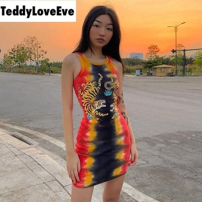Cute Sexy Tiger Punk Tie Dye Graphic Ribbed Sleeveless Bodycon Dress E-Girl Kawaii Korean Japanese Harajuku Chinese Retro Streetwear Aesthetic