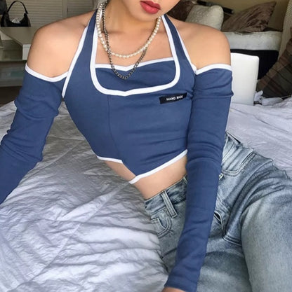 Blue Patchwork Halter Off Shoulder Hollow Crop Top Long Sleeve T-shirt Streetwear Summer Aesthetic Casual E-Girl Kawaii Korean Japanese Harajuku