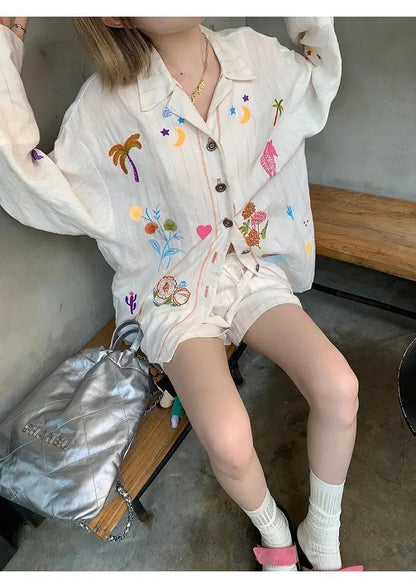 Sweet Embroidery Stripe Long Sleeve Blouse