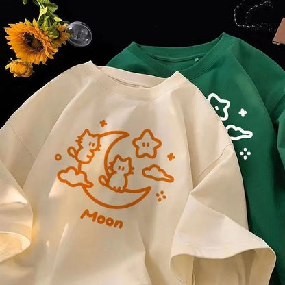 Cat Moon Print Short Sleeve T-shirt