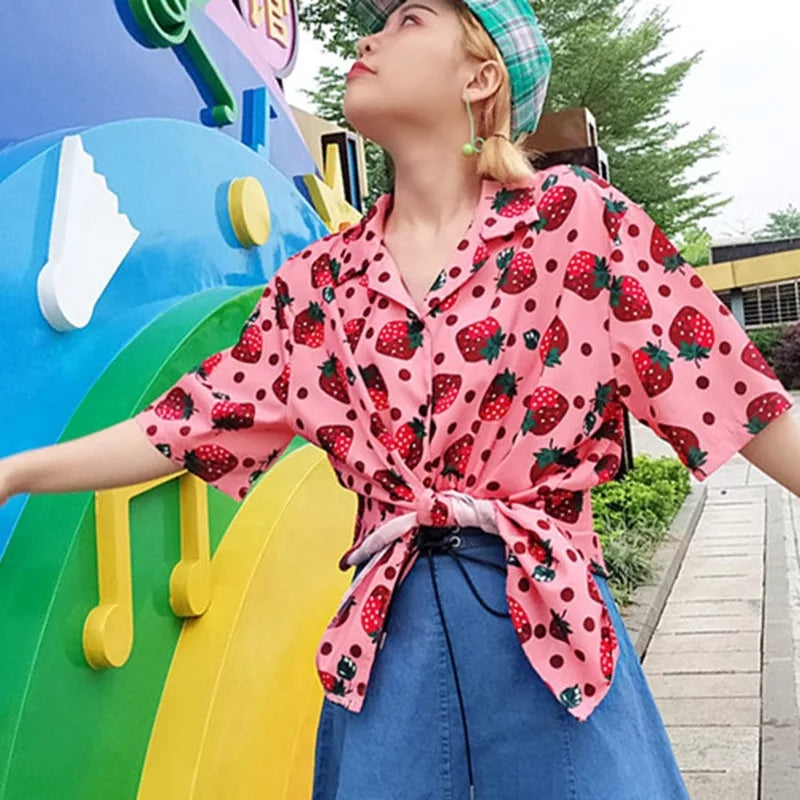 Cute Pink Strawberry Print Button Down Short Sleeve Shirt Blouse Aesthetic Casual Summer E-Girl Kawaii Korean Japanese Harajuku