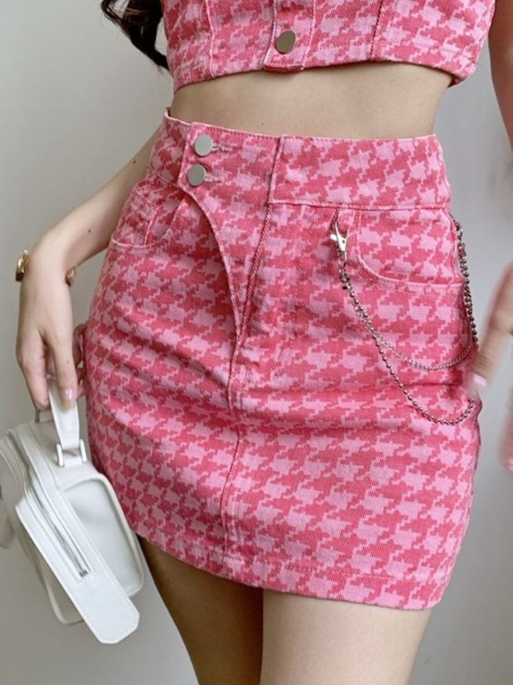 2PCS Pink Plaid Tank Top + Denim Mini Skirt