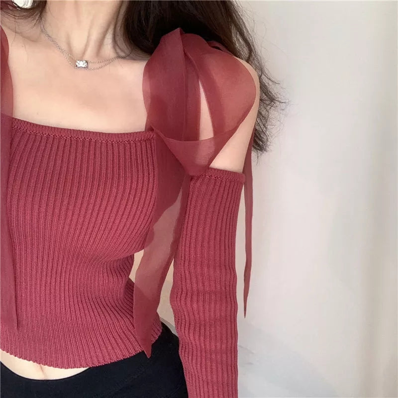 Dusty Pink Off Shoulder Lace Bow Long Sleeve Blouse