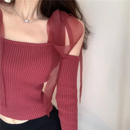 Dusty Pink Off Shoulder Lace Bow Long Sleeve Blouse