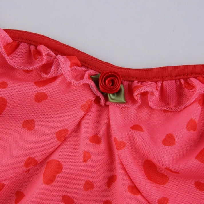 Cute Sweet 90s Pink Heart Print Sleeveless Strap Ruffles Short Mini Dress Aesthetic Casual Summer E-Girl Kawaii Korean Japanese Harajuku
