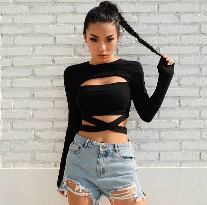 Cute Black Criss Cross Bandage Hallow Out Long Sleeve T-shirt Crop Top Summer Aesthetic Casual E-Girl Kawaii Korean Japanese Harajuku