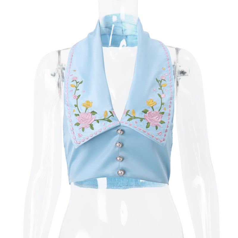 Blue Flower Embroidery Collar Vest Top