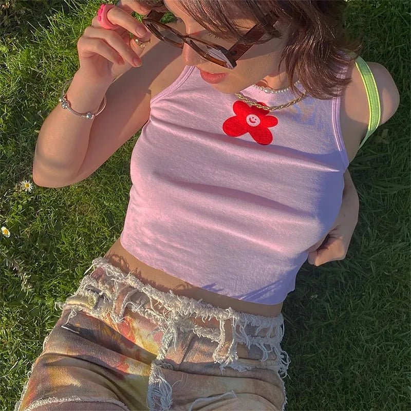Pink Flower Print Tank Top