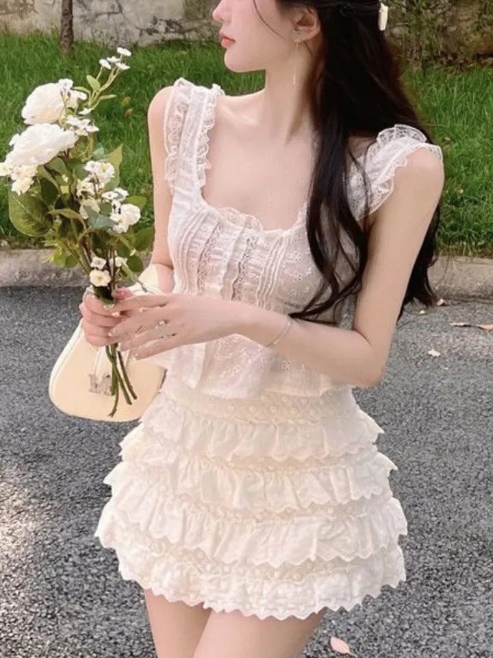 2PCS White Lace Frill Top + Mini Skirt