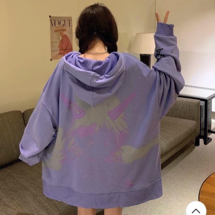 Cute Purple Anime Girl Graphic Print Oversize Long Sleeve Shirt Hoodie Punk Goth Aesthetic Casual E-Girl Kawaii Korean Japanese Harajuku