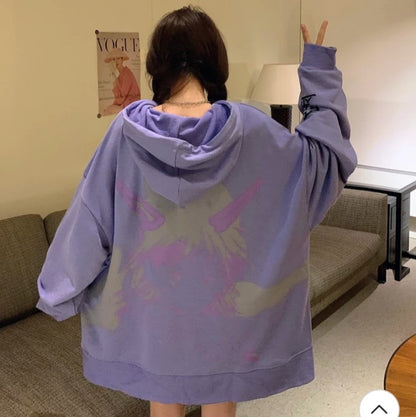 Cute Purple Anime Girl Graphic Print Oversize Long Sleeve Shirt Hoodie Punk Goth Aesthetic Casual E-Girl Kawaii Korean Japanese Harajuku