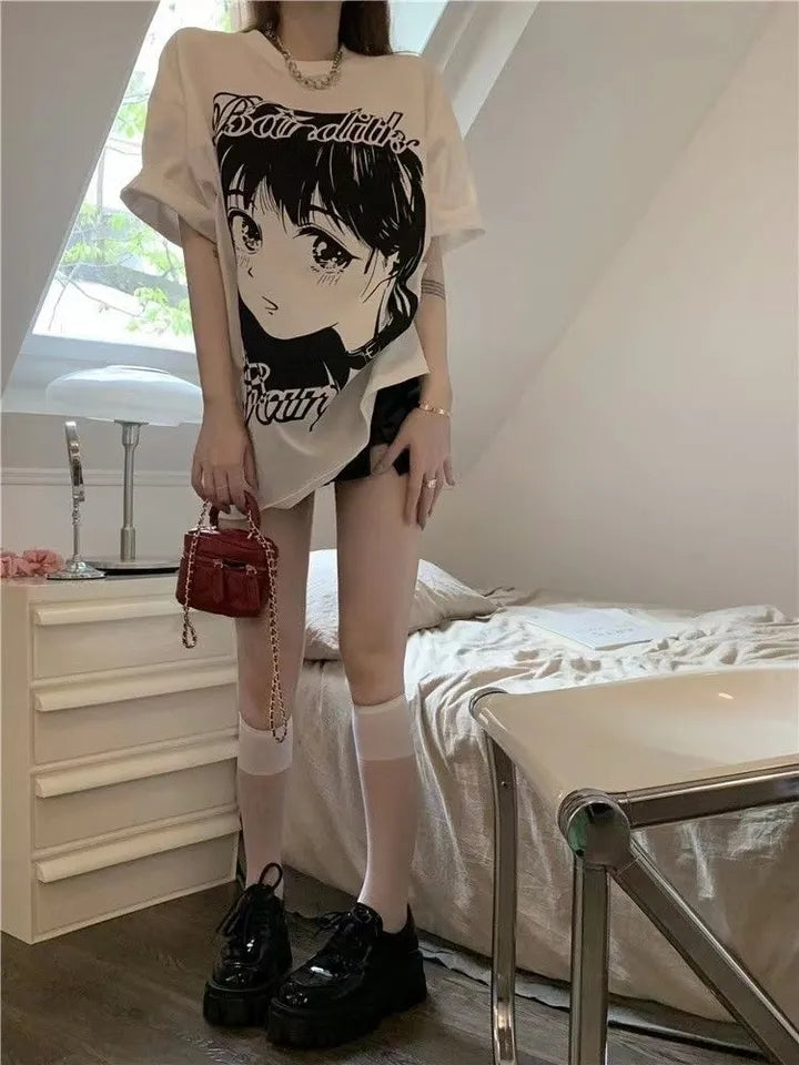 Anime Girl Print Oversized Short Sleeve T-shirt