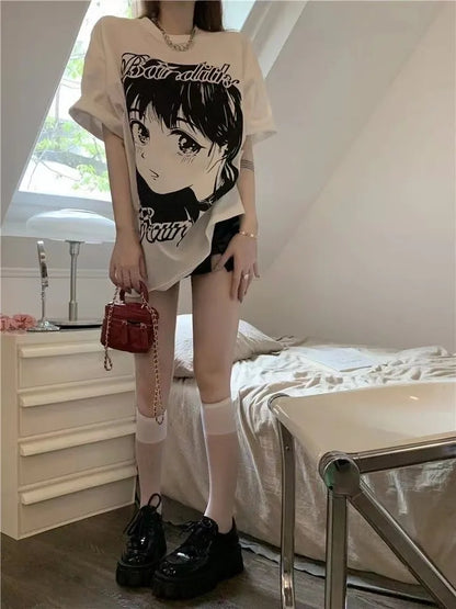 Anime Girl Print Oversized Short Sleeve T-shirt