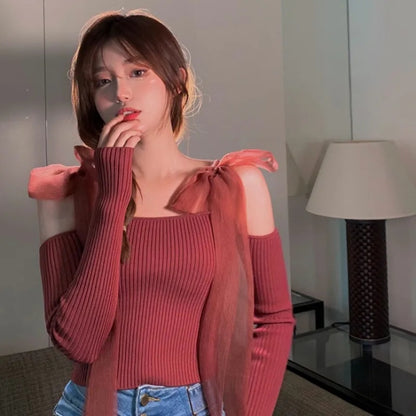 Black Bow Off Shoulder Mesh Sweater