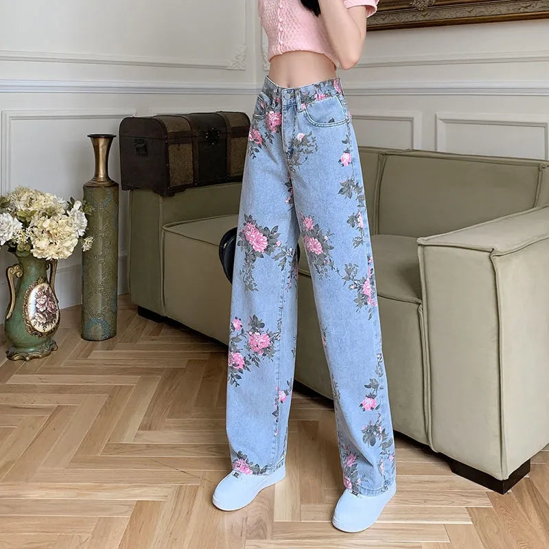 Flower Print Blue Denim Jeans