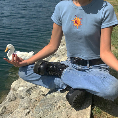 Cute Ying Yang Sun Embroidery Short Sleeve Shirt Crop Top Tee T-shirt E-Girl Kawaii Korean Japanese Harajuku Chinese Retro Streetwear Aesthetic