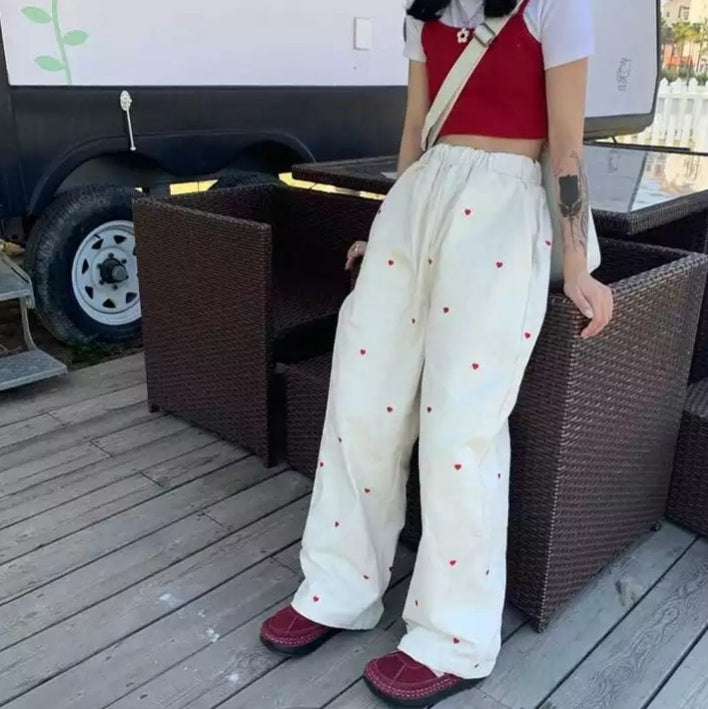 Cute Beige Love Hearts Wide Leg Pants Trouser Bottoms Aesthetic Casual Summer E-Girl Kawaii Korean Japanese Harajuku