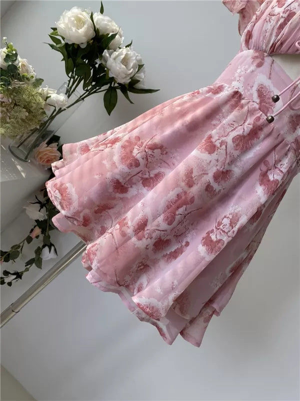 Cute Sweet Floral Print Jumpsuit Chiffon Ruffled Squared Collar Dress Summer Aesthetic Casual E-Girl Kawaii Korean Japanese Harajuku
