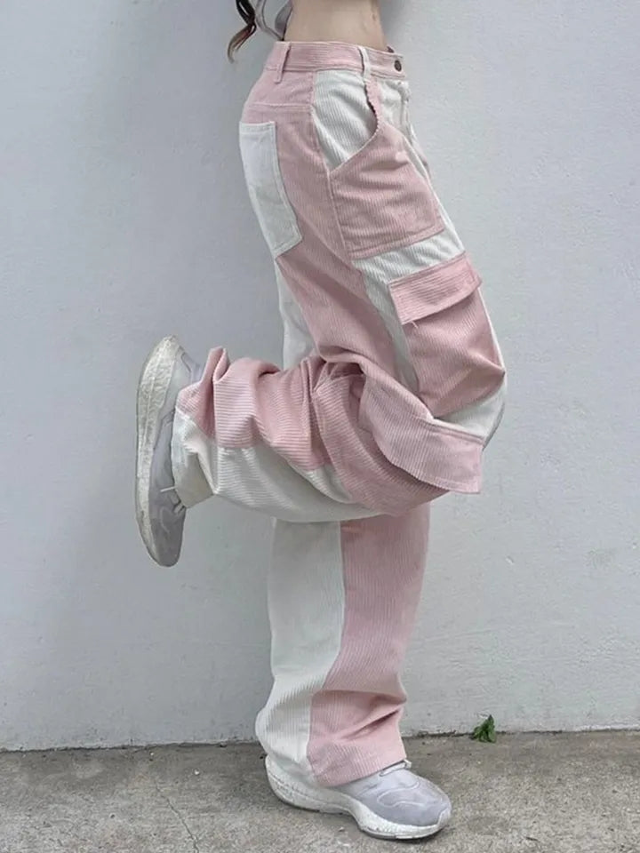 Pink Contrast Patchwork Cargo Pants