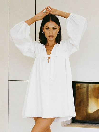White Cotton Lantern Long Sleeve Dress