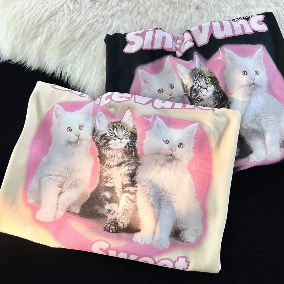Retro Cat Print Short Sleeve T-shirt