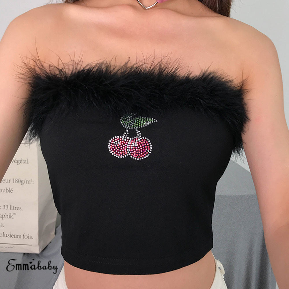 Cute Sexy Cherry Crystal Fluffy Fur Crop Top Off the Shoulder Tube T-shirt Tee Shirt E-Girl Kawaii Korean Japanese Harajuku Retro Streetwear Fashion