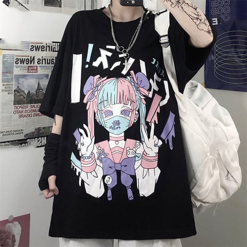 Cute Japanese Girl Punk Goth Print Oversized Short Sleeve Shirt Tee T-shirt E-Girl Kawaii Korean Japanese Harajuku Retro Streetwear Aesthetic