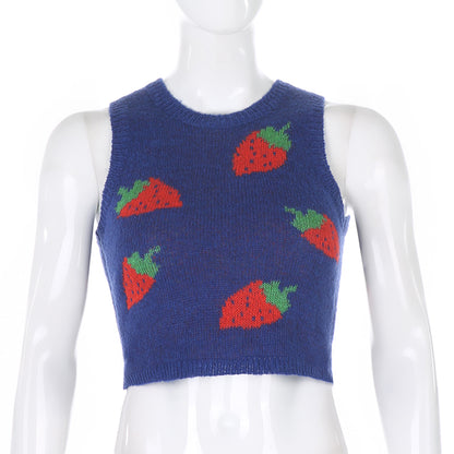 Cute Pink Strawberry V Neck Sleeveless Knit Crop Top Sweater Sweatshirt Pullover Jumper E-Girl Kawaii Korean Japanese Harajuku Streetwear