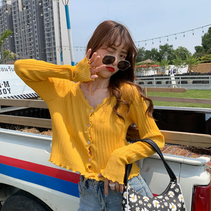 Cute V Neck Knit Casual Thin Sweater Cardigan Shirt Tee T-shirt E-Girl Kawaii Korean Japanese Harajuku Chinese Retro Streetwear