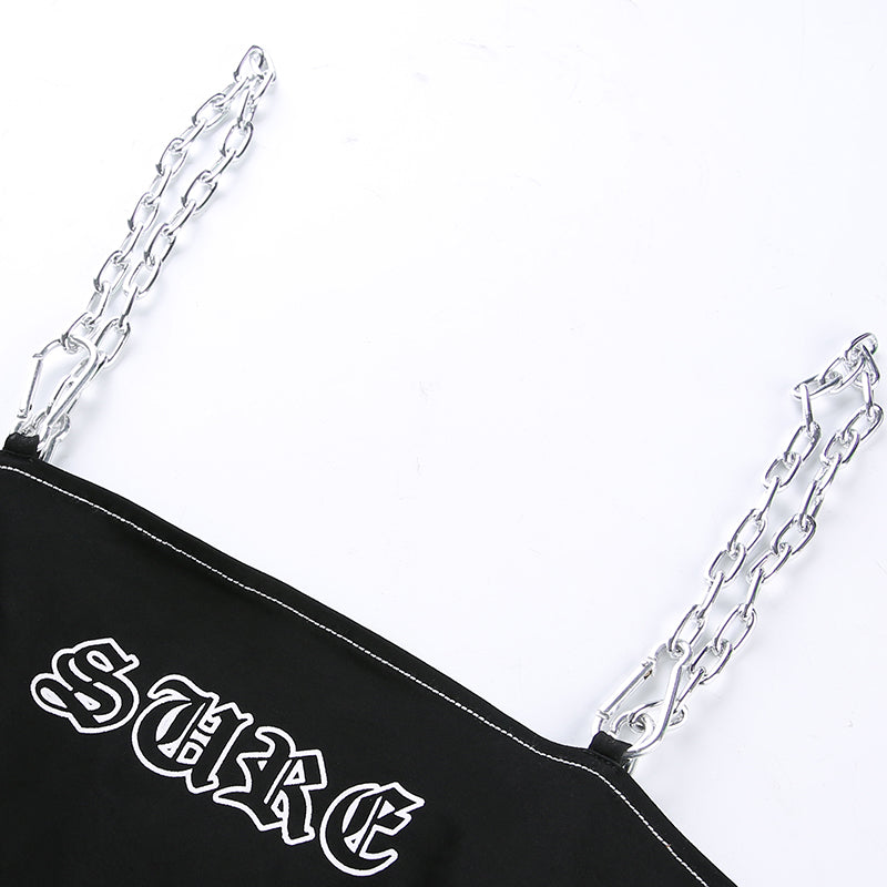 Sexy Black Goth Punk Letter Print Metal Chain Camisole Tank Crop Top Shirt Summer E-Girl Kawaii Korean Japanese Harajuku Retro Streetwear