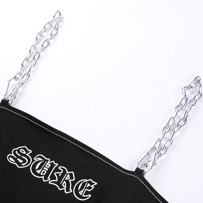 Sexy Black Goth Punk Letter Print Metal Chain Camisole Tank Crop Top Shirt Summer E-Girl Kawaii Korean Japanese Harajuku Retro Streetwear