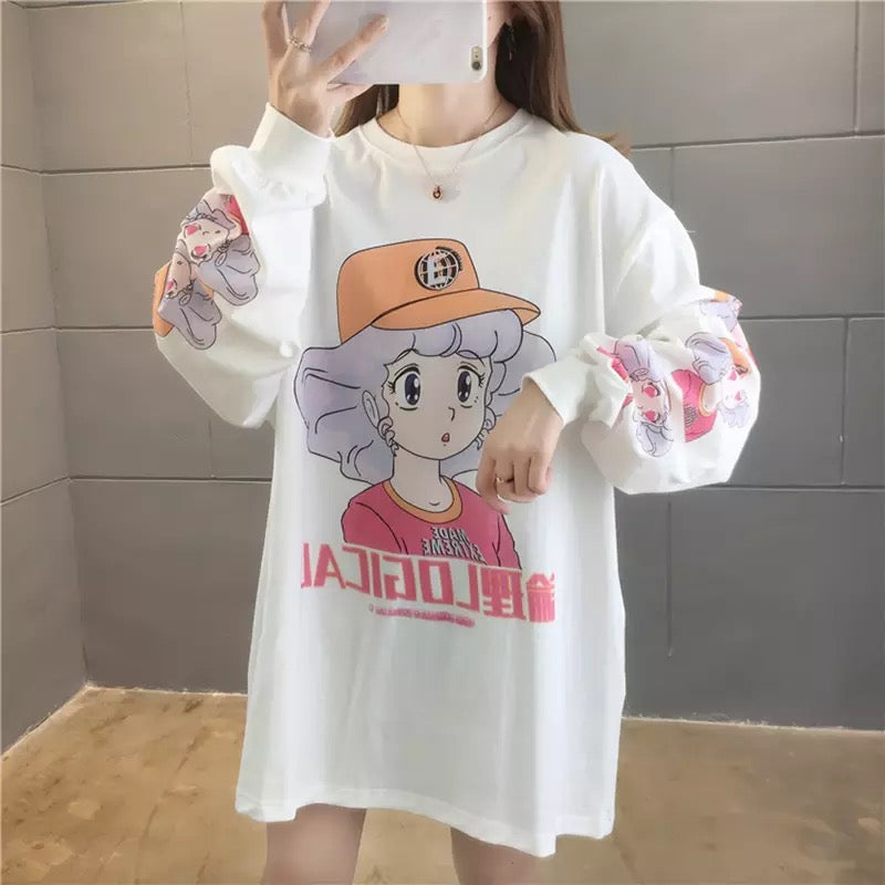 Purple Anime Girl Cartoon Print Sweatshirt Causal Long Sleeve Shirt Casual Oversized Loose Sweater E-Girl Kawaii Korean Japanese Harajuku Streetwear